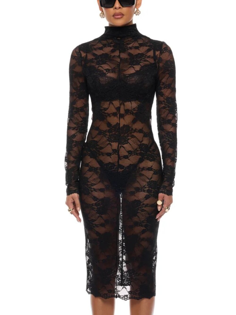 Gabriette Black Sheer Lace Midi Dress, XS